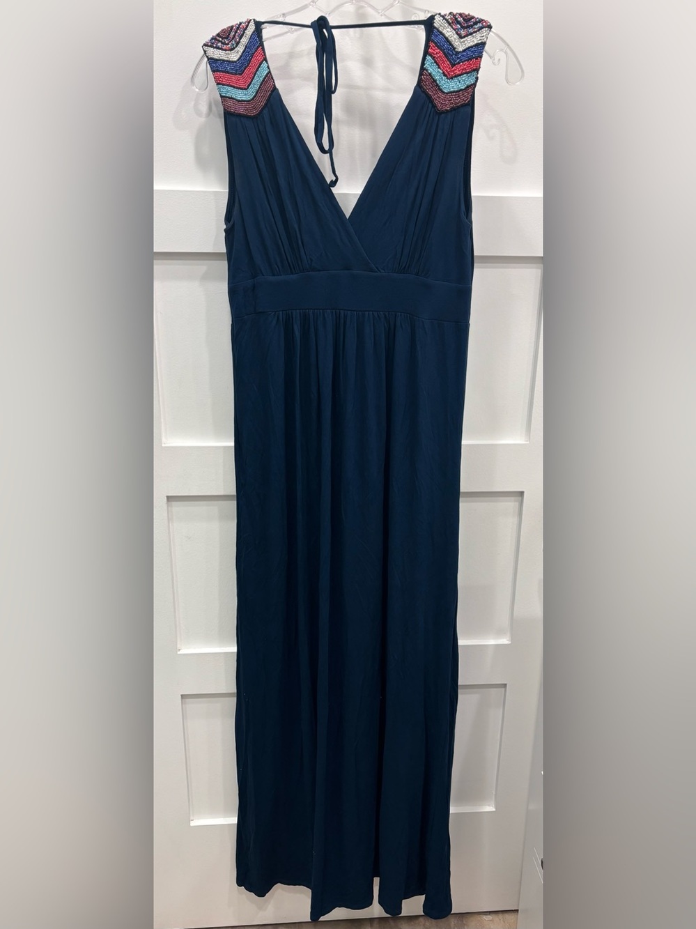 Women's Cobalt Blue V Neck Maxi Dress- Empire Waist Neck Tie Tribal Beading